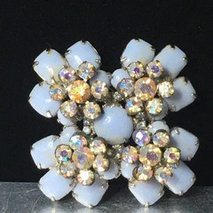 Vtg Maltese Cross Blue Milk Glass Brooch Pin AB Crystal Floral Accents 2.4″