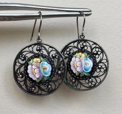 Vintage Painted Enameled Earring Soviet Cupronickel Finift Hand Wrought Filigree