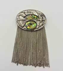 Vintage Brooch Abalone Shell Tassel Rhinestone Silver Tone Dangle Chain Pin