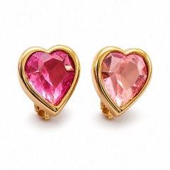 Vintage Gold Tone Pink Heart Crystal Clip On Earrings Romantic Statement