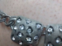 Chunky Silvertone Chain w Ridged Square & Clear Rhinestone Faux Animal Print