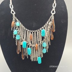 VTG Turquoise And Brown Crystals Silver Chains Leather Cord Necklace 30″ Long
