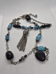 Vintage Chico’s Multi-Strand Blue and Black Necklace with Decorative Tassel