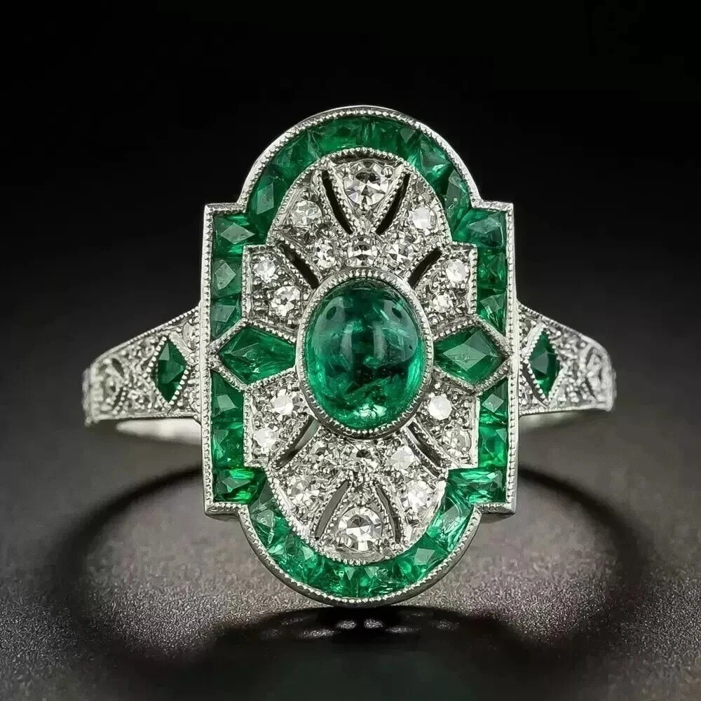 Art Deco Style Oval Cut Emerald & Lab Created Diamond 925 Silver Engagement Ring
