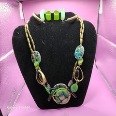 Vtg Bead Necklace Earrings And Bracelet Boho Abelone Shabby Chic Lot Green Blue