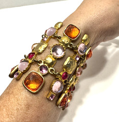 Vintage Signed VCLM Bracelet Gold Tone w/ Pink & Orange Stones 8″ Long 2.5″ Wide