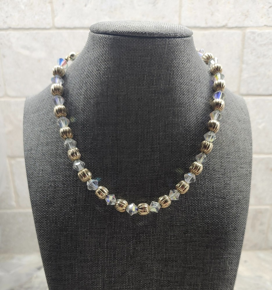 Clear/Gold Crystal Bead Necklace, 15 in. **NEW**