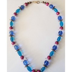 Vintage Sun Pendant Beaded Necklace Multi Color & Blue Beads Gold Tone See Pic *