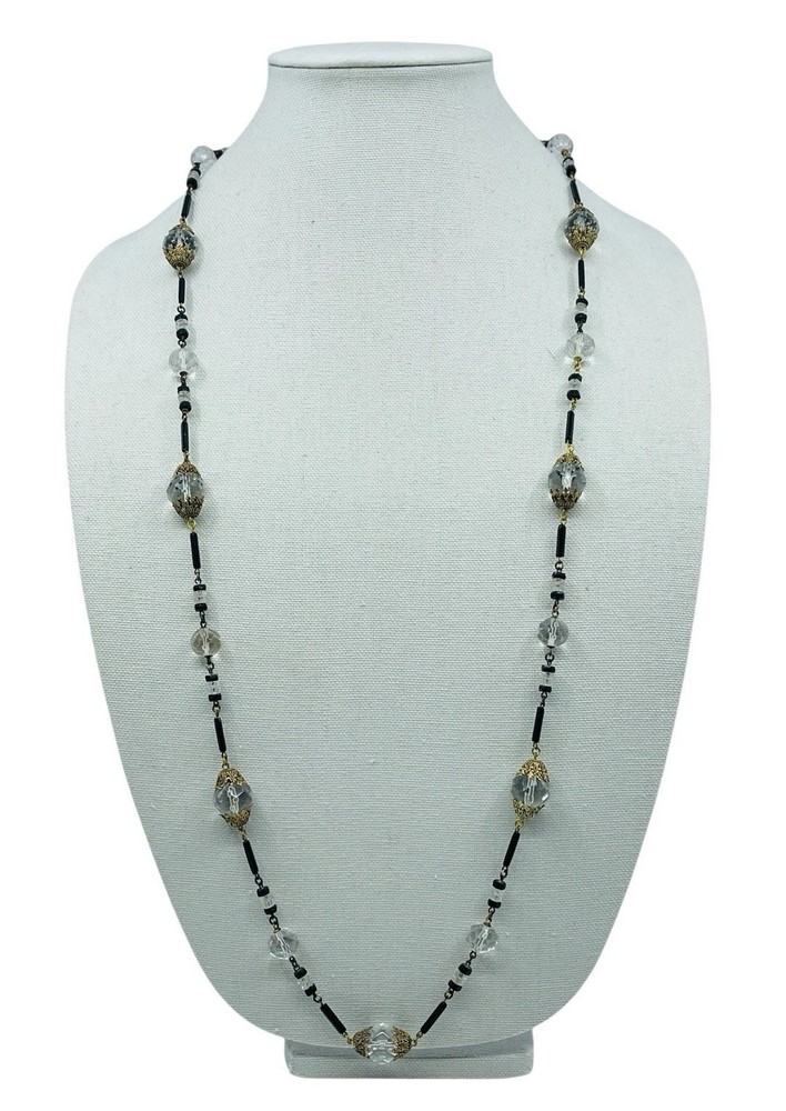 Antique Victorian / Art Deco Faceted Cut Quartz Crystal Bead Necklace 36” Long