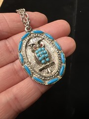 VTG Owl Pendant Necklace Turquoise Cabochon Silver Tone Southwest Style 24”