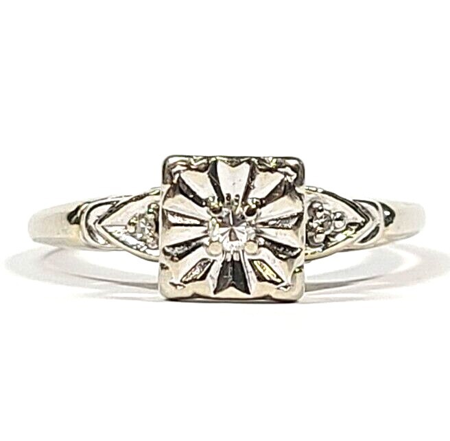 Vintage Crosby .05 Carat Diamond 14k White Gold Engagement Ring Size 8
