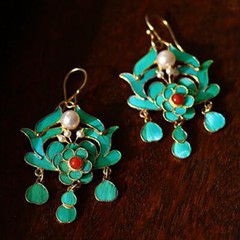 Chinese Antique Earrings Cloisonne Hook Earrings Long Tassels Gilt Pearls Jewels