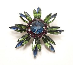 VINTAGE NAVETTE BLUE, GREEN AND PURPLE RHINESTONES FLOWER BROOCH
