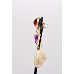 Vintage Cabochon 2.5″ Dangle Earrings Red Purple Pearl Drop Gold 80s 1980s BinAZ