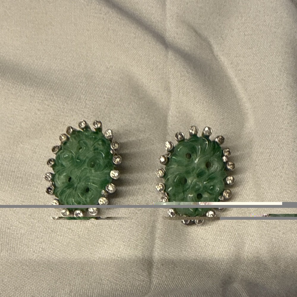 Vintage Jomaz Faux Jade Rhinestone Oval Clip-On Earrings