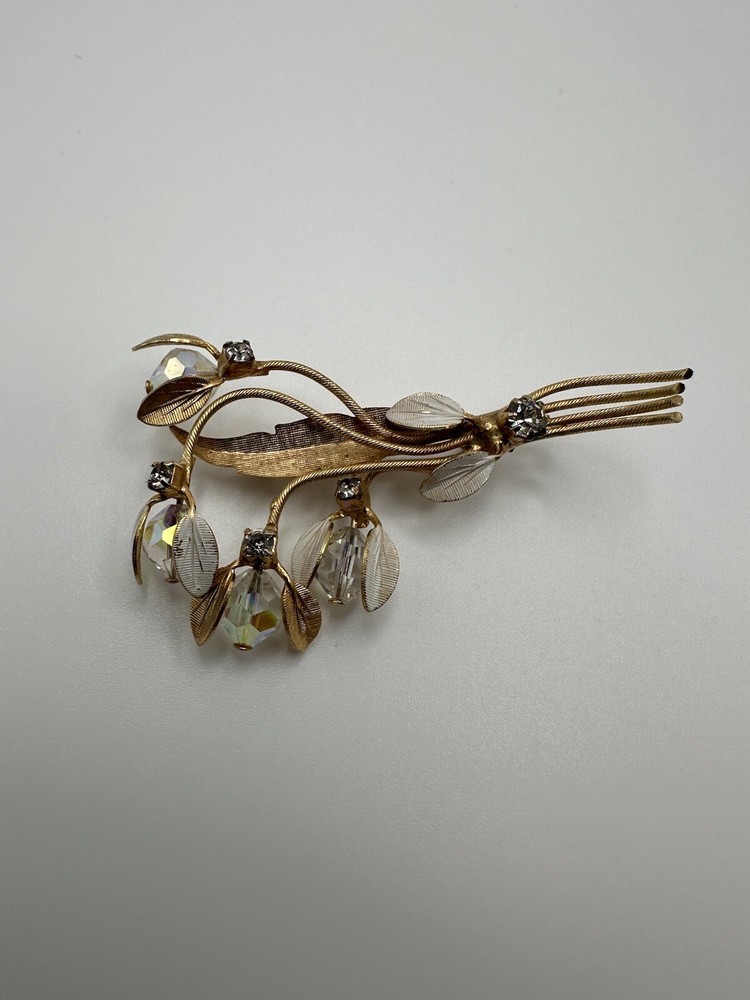 Antique Gold Tone Flower Rhinestone Brooch 6cm BB9