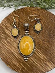 Vintage Sally Treasures, sterling, southwestern, amber pendant & earrings set