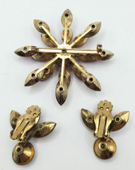 Vintage Glass Flower Star Two Levels Pink Pin Brooch Gold Tone Clip Earrings