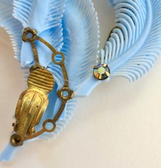 Vintage 50s 60s W Germany Baby Blue Plastic Feather Rhinestone Earrings