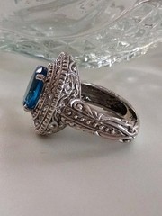 Vintage Art Deco London Blue Topaz CZ Halo Cocktail Ring Size 7 Sterling Silver
