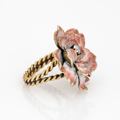 Vintage Enamel Flower Ring Mine Diamond 14k Yellow Gold Sz 4.75 Estate Jewelry