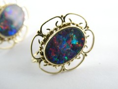 Antique ARA Art Deco 9k Yellow Gold Opal Doublet Screwback Earrings 4.3g .75 In
