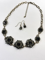 Vintage Smoky Gray Rhinestone Starburst Statement Necklace & Earrings Set