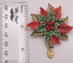 Poinsettia Holly Christmas Plastic Brooch with Dangling Religious Medal