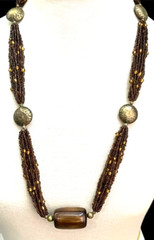 VTG Brown Necklace Multi Strand Seed Beads Large Bronze Wood Wooden Bead 31 in
