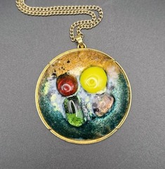 Vtg MCM Enamel Copper Pendant Necklace Large 2.25″ Glass Cabochon Retro Atomic