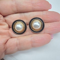 Off White Faux Pearl Black Enamel Gold Tone Metal Clip On Earrings Vintage