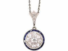 Art Deco 14kt White Gold FN Lab Created Sapphire & Diamond Target Pendant