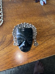 Vintage Mexican Sterling Silver Obsidian Mask Brooch Aztec Style