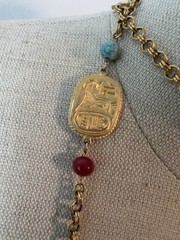 Vintage Egyptian Revival 46” Art Glass Bead & Hieroglyphic Tablets Necklace WOW!