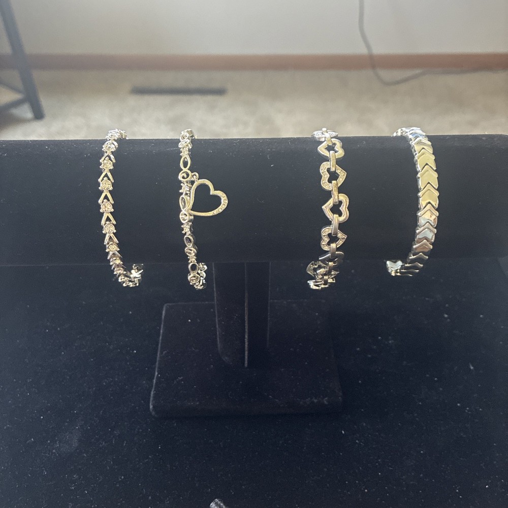 Lot Of 4 Four Vintage Avon Silver Plated Tennis Bracelets Easy Close Hearts CZ
