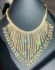VTG Navette Bibb Necklace Gold Tone Statement AB Glass Graduated Reversible 1950