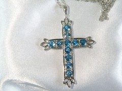Vintage Sterling Silver 925 Heated London Blue Topaz Cross Pendant Necklace
