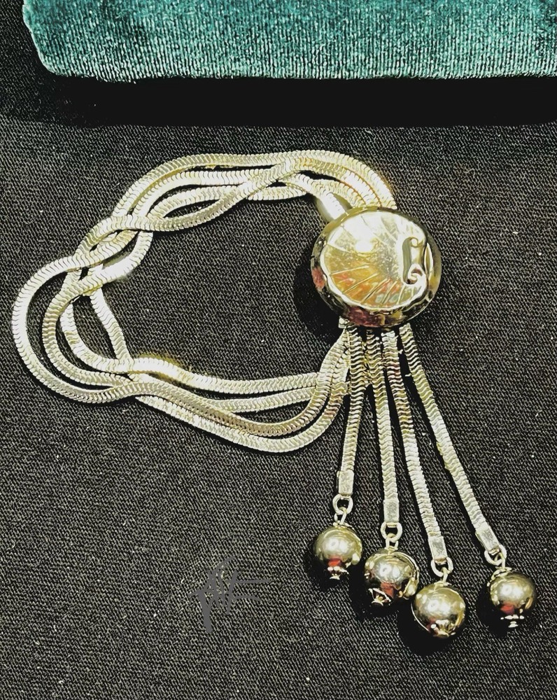 Vintage Slide Bracelet With Ball Dangles , Silver Tone
