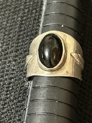 Unusual Vtg 925 Sterling Silver Oval Black Onyx Wide Band Ring Leaf Accents 6.5
