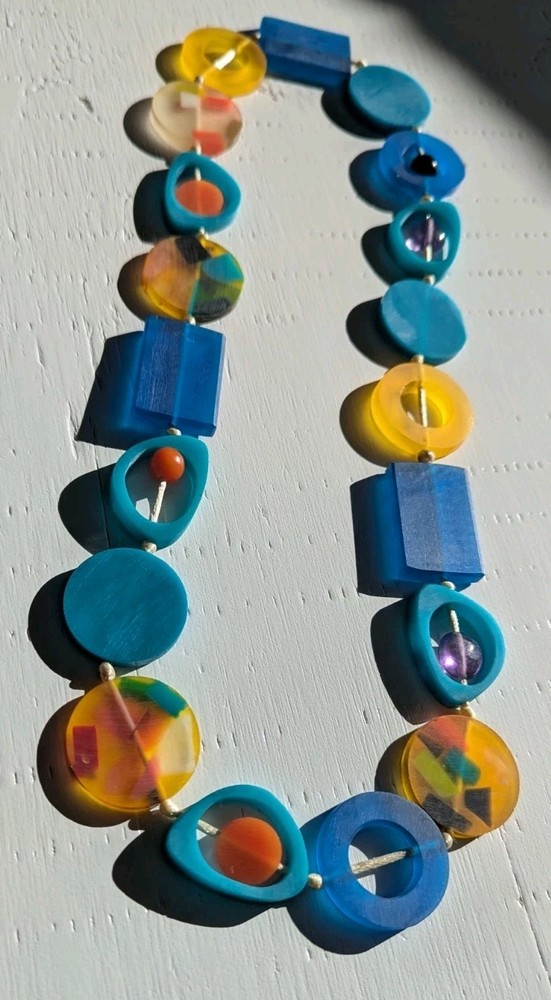 Chunky Vintage Mod Lucite Resin Statement Necklace – Geometric – Teal Blue…