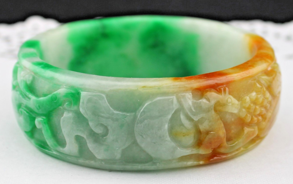 Chunky Vintage Carved Jadeite Jade Dragon Foo Dog 6.5″ Bangle Bracelet