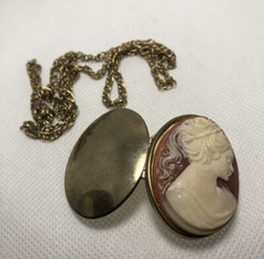 Vintage 1950s Faux Cameo Locket Necklace 23” Chain Locket 2.75” Holds Photo Etc