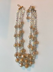 Vintage Mid-Century 3-Strand Beaded Gold Clear AB Acrylic Necklace 15 inch Japan