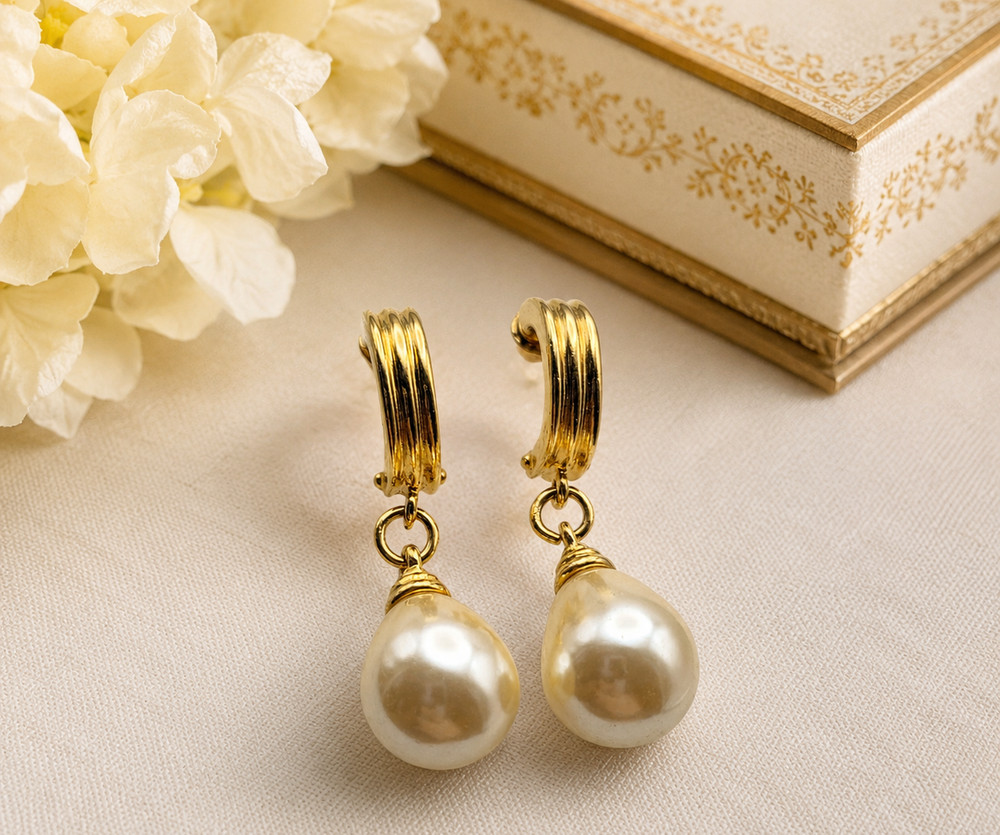 Carolee Gold Tone Faux Pearl Teardrop Hoop Drop Earrings 1.5 In Vintage