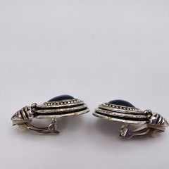 VTG Smoky Gray Cats Eye Moonstone Earrings Clip On Silver Tone Ornate Retro