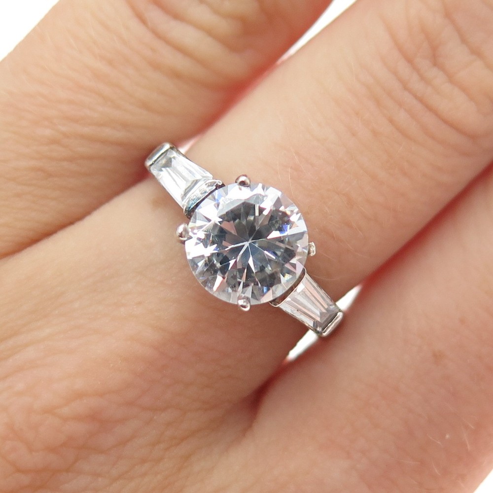 925 Sterling Vintage Round & Tapered Baguette-Cut C Z Engagement Ring Size 6.25