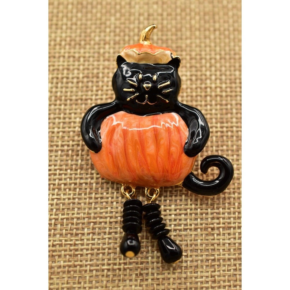 Vintage Black Cat Costume Pumpkin Pin Brooch Halloween Orange Enamel 1980s BinAL