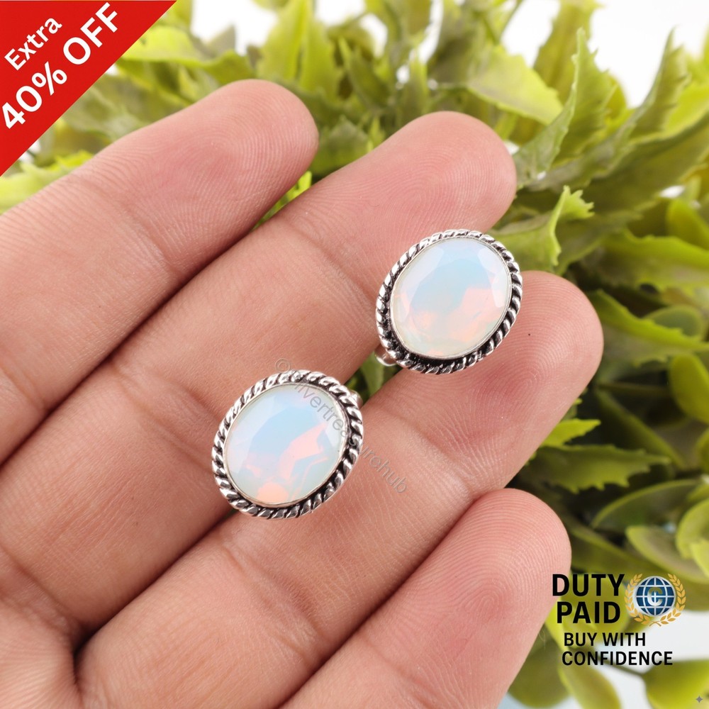 925 Silver October Birth Natural Milky Opal White Wedding Art Deco Cufflinks