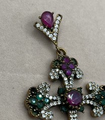 Antique Simulated Green Emerald Cross Pendant Sterling Silver & Gold 14g