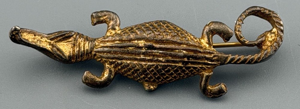 Vintage Crocodile Brooch Asante Gold Weight Style Pot Metal Figural Reptile Pin